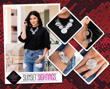 Load image into Gallery viewer, Sunset Sightings - Complete Trend Blend - June 2020 Fashion Fix Includes one of each accessory featured in the Sunset Sightings Trend Blend in June's Fashion Fix: Necklace: "Barely Scratched The Surface" (P2ST-SVXX-131UE) Earring: "Start From Scratch" (P5ST-SVXX-013UE) Bracelet: "Urban Aftershock" (P9ED-SVXX-071UE) Ring: "Lined Up" (P4ED-SVXX-086UE)